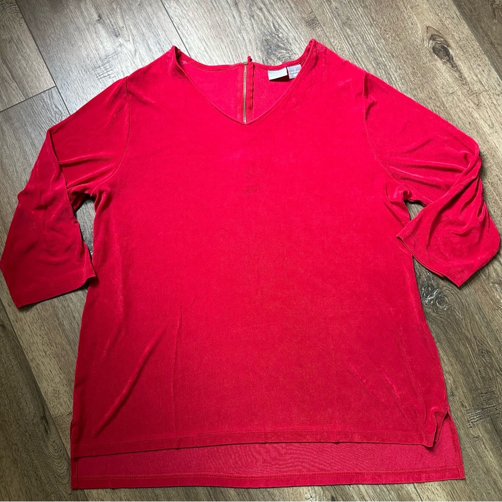 Chico’s Travelers Red Top, Tunic, Slinky, Shimmer, Holidays, Size 3, US 16/18